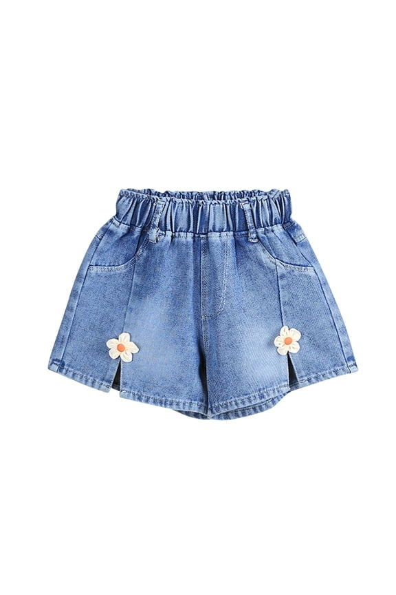 Girls' Denim Shorts High Waisted with Elastic Waist, Floral Daisy Applique Sky Blue for Kids Kids 2T-7,Size 2-3 T