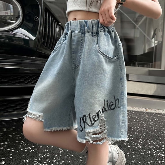 Girls Denim Shorts Mid Rise Stretchy Cut Off Frayed Denim Shorts Ripped Summer Casual Beach Holiday Clothes 01 Blue Size 6-7 Years
