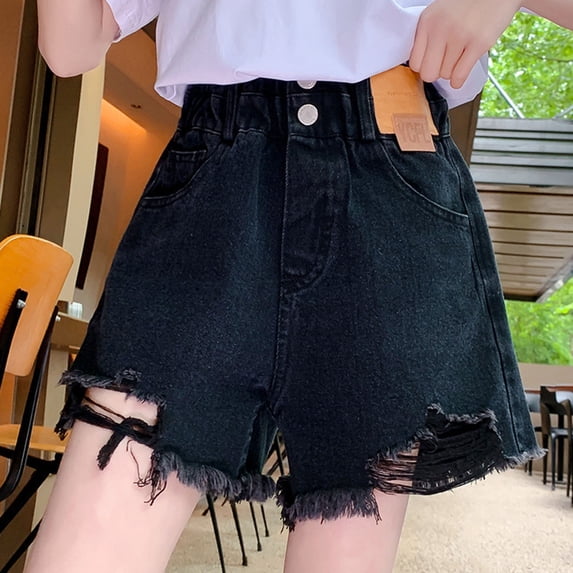 Girls Denim Shorts Mid Rise Stretchy Cut Off Frayed Denim Shorts Ripped Summer Casual Beach Holiday Clothes 02 Black Size 11-12 Years