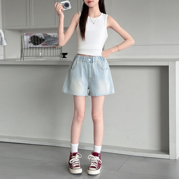 Girls Denim Shorts Mid Rise Stretchy Cut Off Frayed Denim Shorts Ripped Summer Casual Beach Holiday Clothes 06 Blue Size 11-12 Years