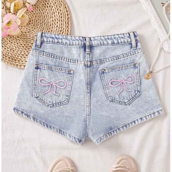 Girls Denim Shorts Size 10 Girls' Cuffed Jean Shorts, Stretch Denim with Pockets, Mid to High Rise Waist