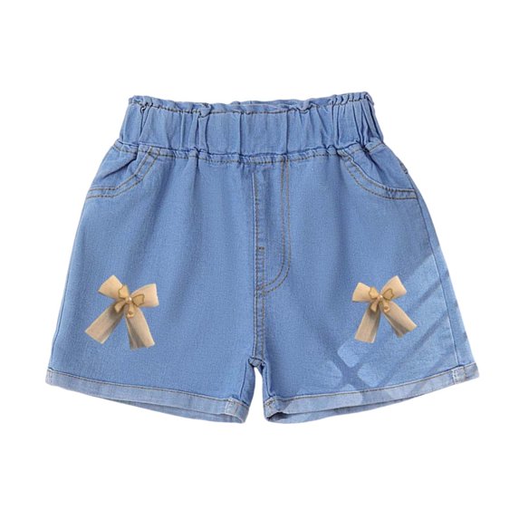 Girls Denim Shorts Soft Cotton Elastic Waist with Bow Detail Light Blue Play Shorts for Kids to Kids 2-11 Years,Size 3 T