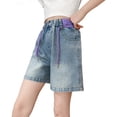 thumbnail image 1 of Girls Denim Shorts Stretch High Waisted Jeans Elastic Waist Straight Leg Jean Shorts Ages 5 to 14, 1 of 4