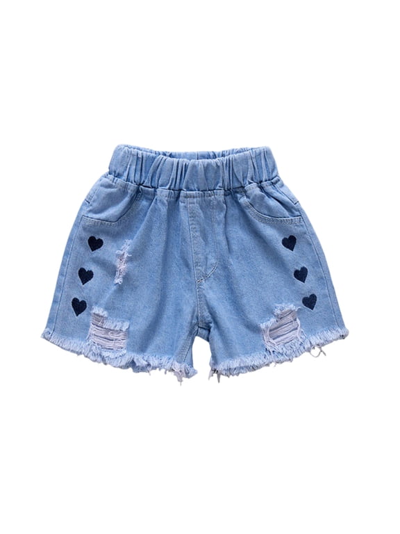 Girls Denim Shorts Summer Trendy Cute Casual Trendy Pants Elastic Waist Ruched Lace Patchwork Short Jeans (4 Years, Blue-D)