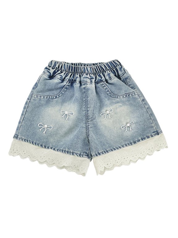 Girls Denim Shorts Summer Trendy Cute Casual Trendy Pants Elastic Waist Ruched Lace Patchwork Short Jeans (5 Years, Blue-A)
