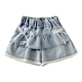 thumbnail image 1 of Girls Denim Shorts Summer Trendy Cute Casual Trendy Pants Elastic Waist Ruched Lace Patchwork Short Jeans (7 Years, Blue), 1 of 9