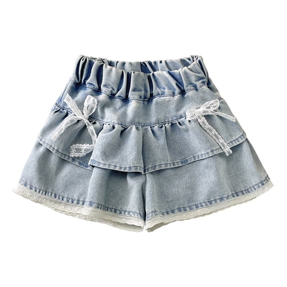 Girls Denim Shorts Summer Trendy Cute Casual Trendy Pants Elastic Waist Ruched Lace Patchwork Short Jeans (7 Years, Blue)