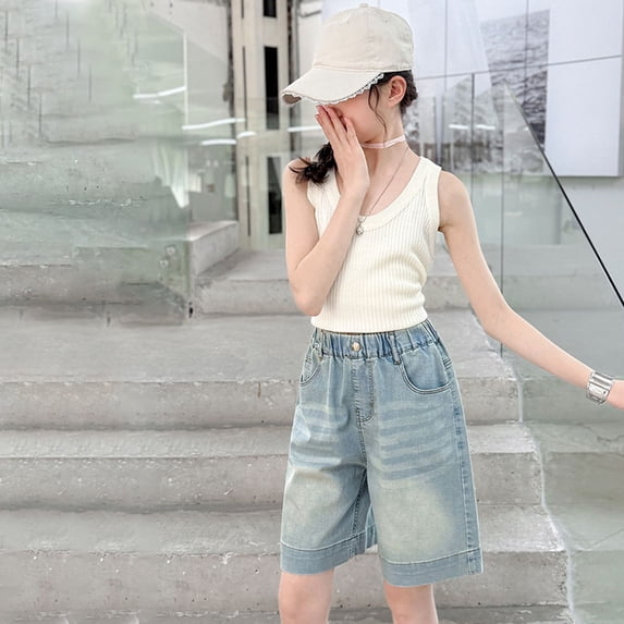 Girls Denim Shorts Tencel Summer Thin Lightweight Casual Blue Stretchy Breathable Trendy Soft Outdoor Girl's Shorts Size 5-6 Y
