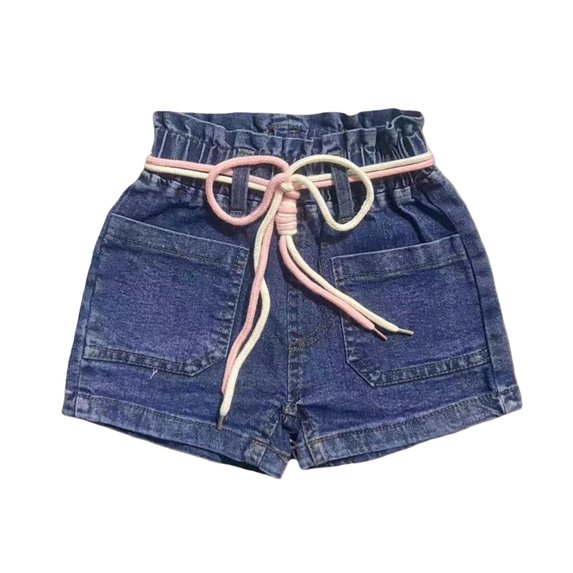 Girls Denim Shorts with Adjustable Drawstring Waistband, High Waist Elastic Shorts for Kids Kids, Blue Casual Summer Play Shorts,Size 1-2T