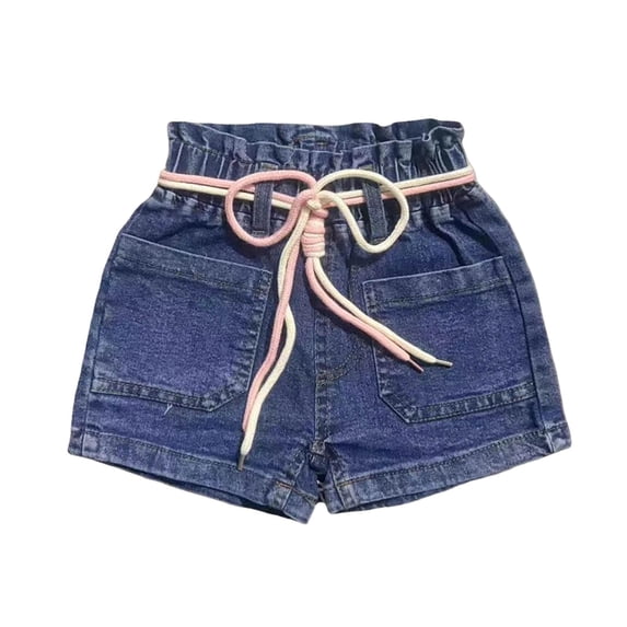 Girls Denim Shorts with Adjustable Drawstring Waistband, High Waist Elastic Shorts for Kids Kids, Blue Casual Summer Play Shorts,Size 5-6T