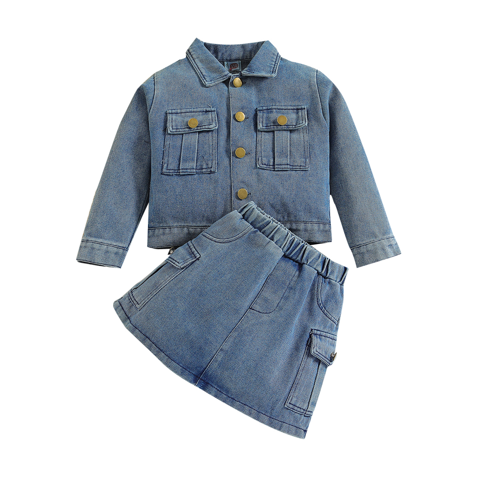 Denim mini skirt and jacket set sales