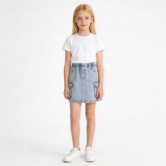 Girls Denim Skirt Size 9-10Y Casual Outdoor Mini Skirts with Pockets Stretch Waist Versatile Soft Daily Kids Jeans Skirt