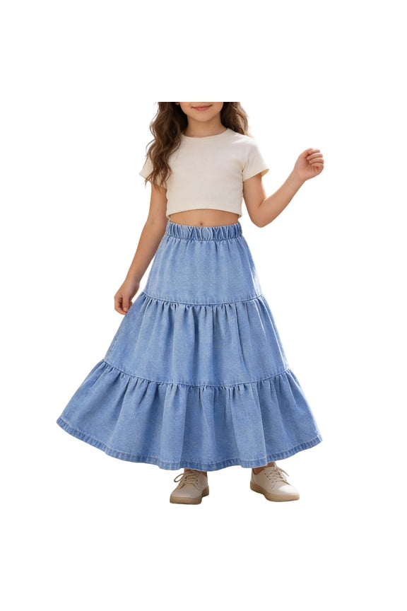 Girls' Denim Skirt Vintage Elastic Waist Patchwork Mid-Length A-Line Flared Skirt Blue 10 Y-11 Y