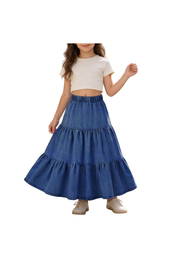 Girls' Denim Skirt Vintage Elastic Waist Patchwork Mid-Length A-Line Flared Skirt Dark Blue 9 Y-10 Y