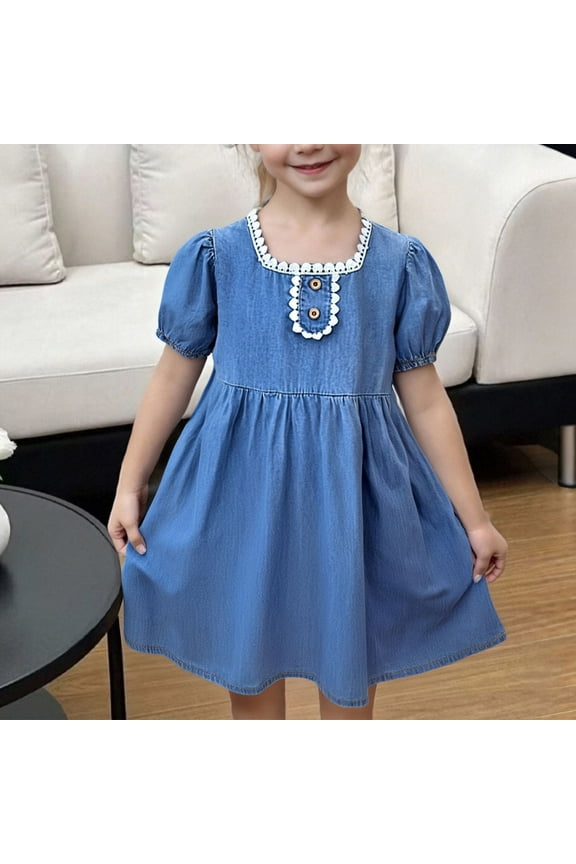 Girls' Denim Skirt with Lace Trim, Soft Breathable Summer Dress for Toddlers