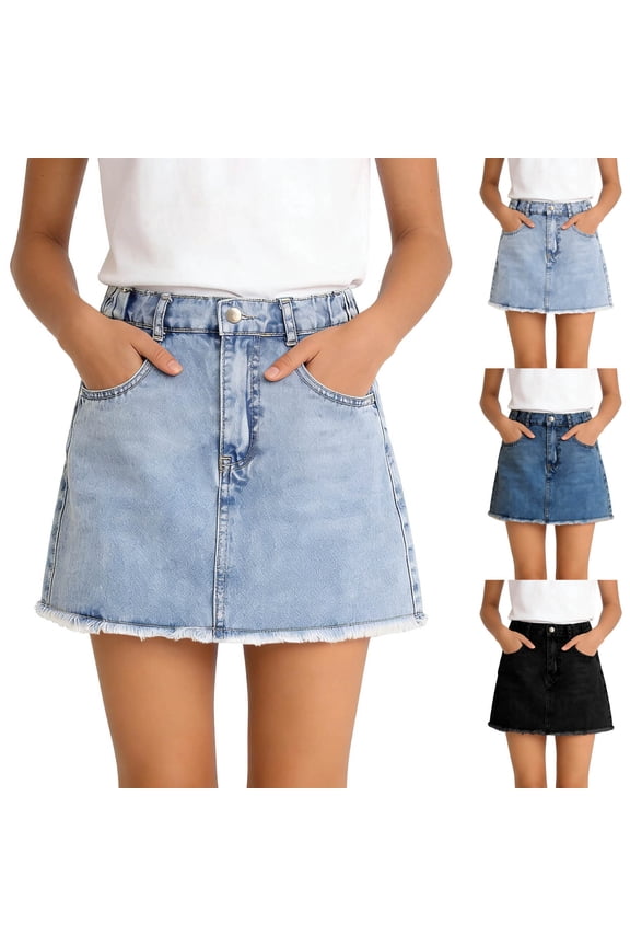 Girls Denim Skirts, A-Line Cut Off Jean Mini Skirts with Pocket Button Closure, Light Blue 4-5 Years