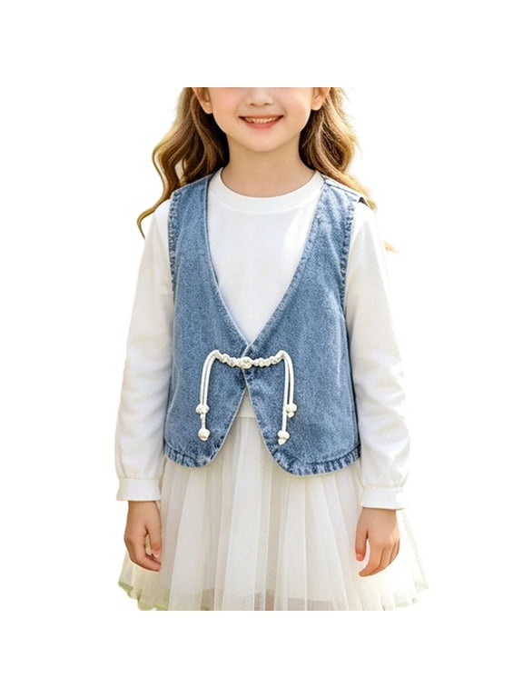 Girls Denim Vest Kids Sleeveless Casual Jean Jackets Chinese Style Coats Outerwear Light Blue, Size 3 Y
