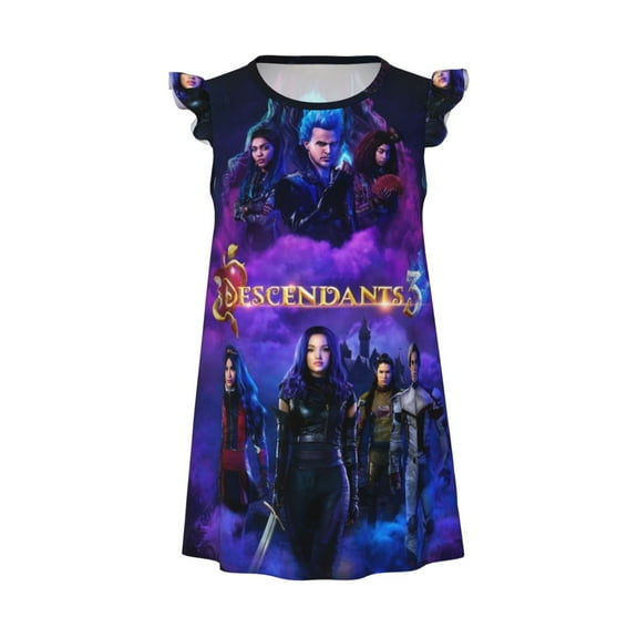 Girls Descendan-t Graphic Flutter Sleeve Soft Fabric Casual Dress for Home Sleep Dress Party Outdoor