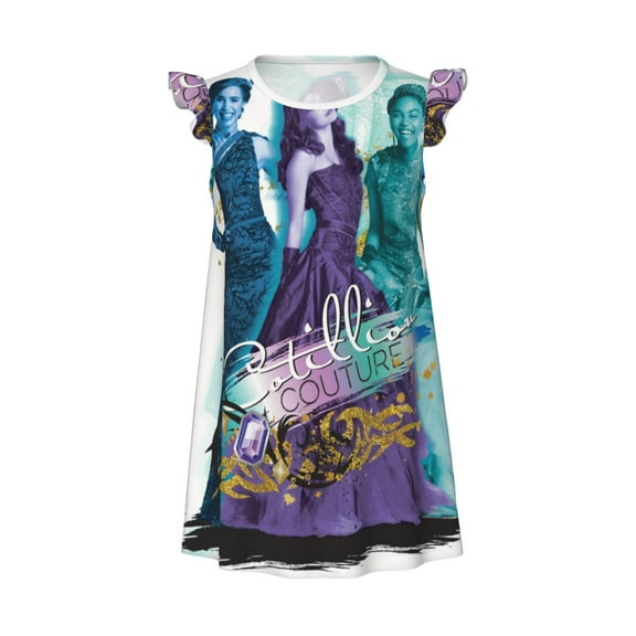 Girls Descendan-t Graphic Flutter Sleeve Soft Fabric Casual Dress for Home Sleep Dress Party Outdoor