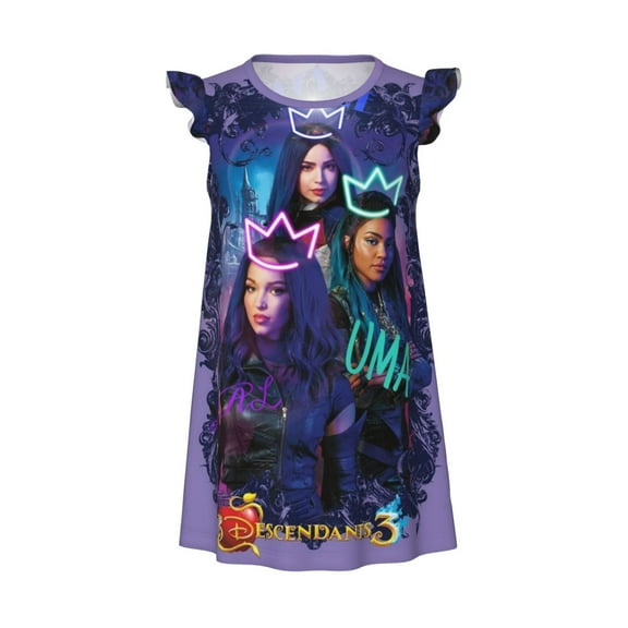 Girls Descendan-t Graphic Flutter Sleeve Soft Fabric Casual Dress for Home Sleep Dress Party Outdoor