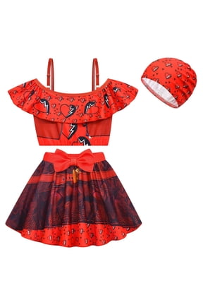 Girls Princess Two Piece Ruffle Swimsuit with Swimming Cap 3D Cartoon Fairytale Swimwear Dress Up Set