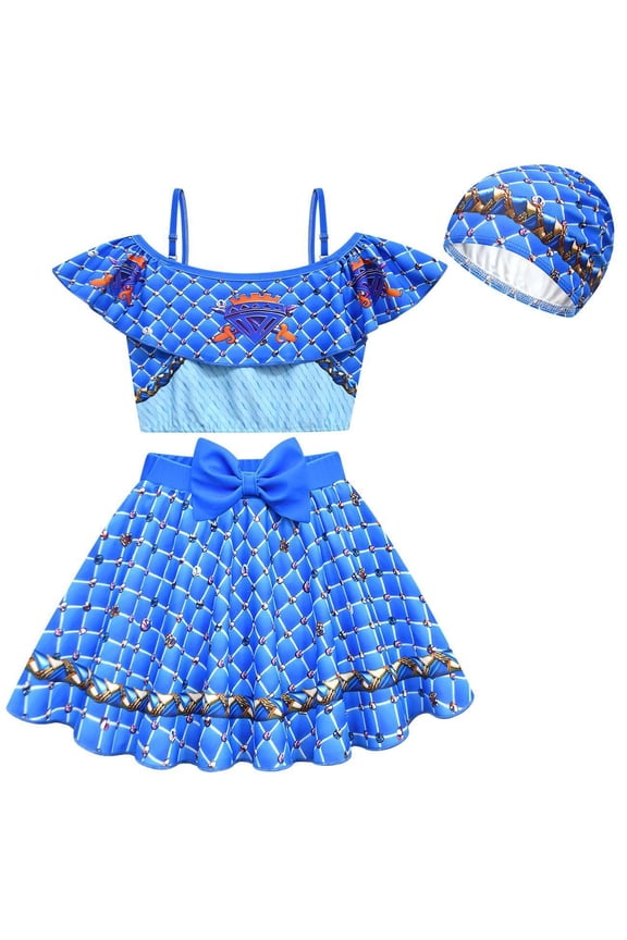 Girls Descendants Princess Two Piece Ruffle Swimsuit Kids Bikini Set Swimwear Dress Up