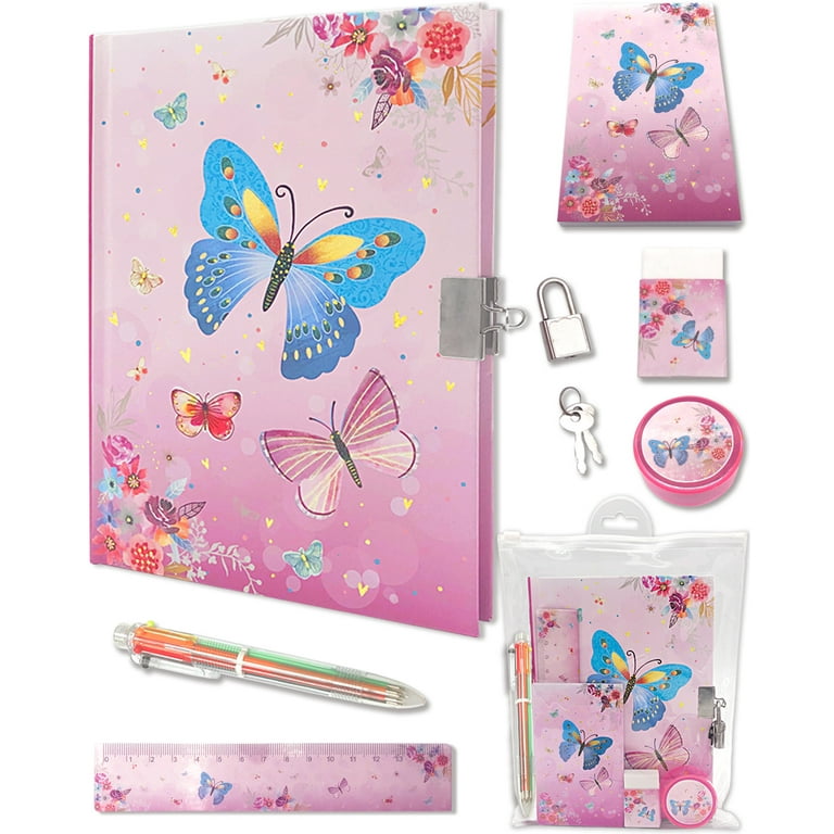 Lockable Girls Diary Set: Journal, Memo Pad, Pens, Ruler