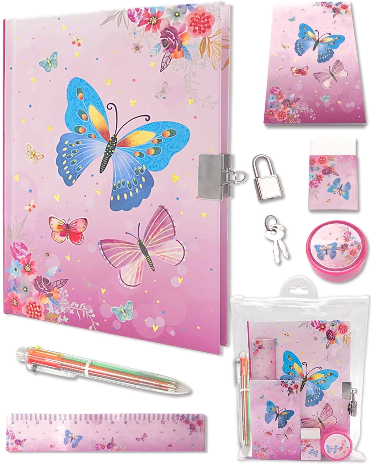 Lockable Girls Diary Set: Journal, Memo Pad, Pens, Ruler