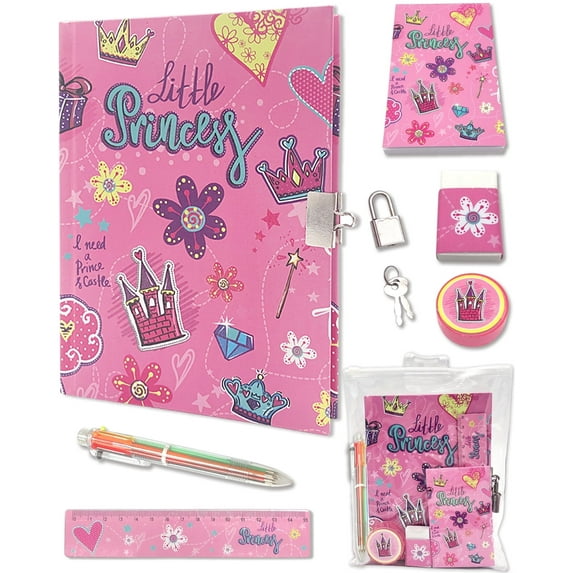 Ginmlyda Secret Diary with Lock and Keys, Notebook Stationery Set Incl. Rosy Pink Princess Journal with Lock Memo pad 6 Colored Pen Ruler Sharpener Eraser for Learning Writing Drawing Gifts