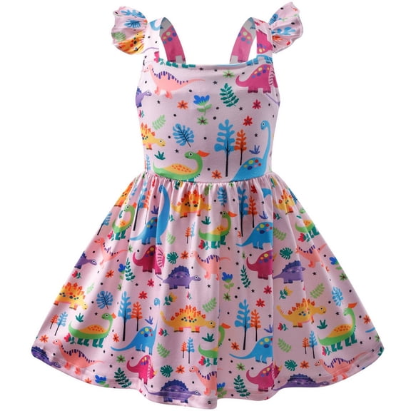 Girls Dinosaur Dresses Flutter Sleeve Summer Dress Toddler Backless Party Sundress Baby Dinosaur Outfit 2-3 Years