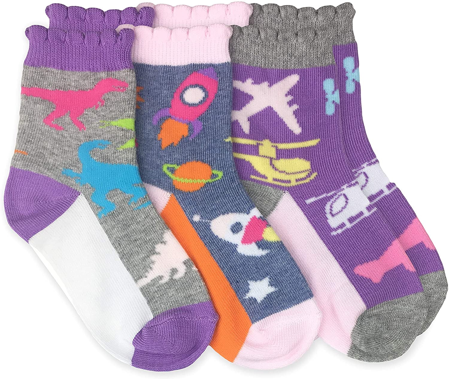 Girls' Dinosaurs Space Airplanes Novelty Crew Socks 3 Pack, Multi