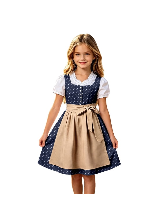 Girls Dirndl Dress Tie Waist Bow Knit Front Bavarian Festival Kids Traditional Party Dress for Oktoberfest Celebrations Performances