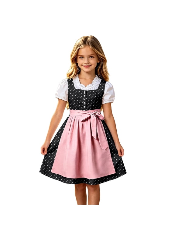 Girls Dirndl Dress Tie Waist Bow Knit Front Bavarian Festival Kids Traditional Party Dress for Oktoberfest Celebrations Performances