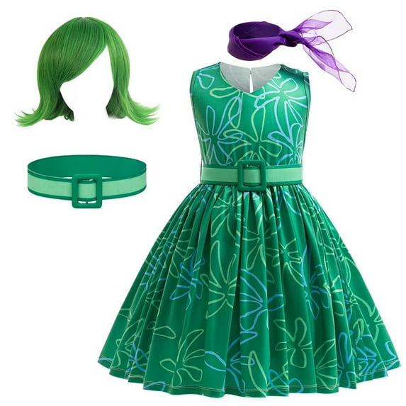 Girls Disgust Costume Movie Kids Halloween Cosplay Party Sleeveless Green Dress
