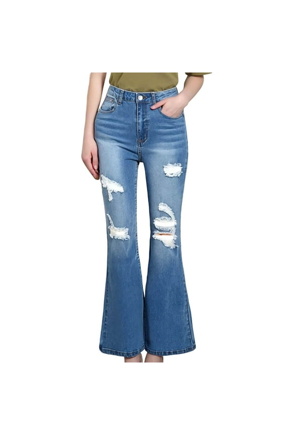 Girls Distressed Stretch Flare Jeans High Waist Casual Denim Pants with Pockets Comfortable Everyday Wear for Teens Youth