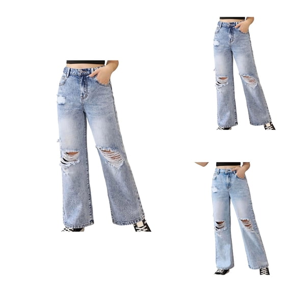 Girls Distressed Wide Leg Jeans – High Waist Loose Fit Ripped Denim Pants for Teenagers, Snow Wash Casual Trousers, Y2K Streetwear for Big Kids Ages 6-14