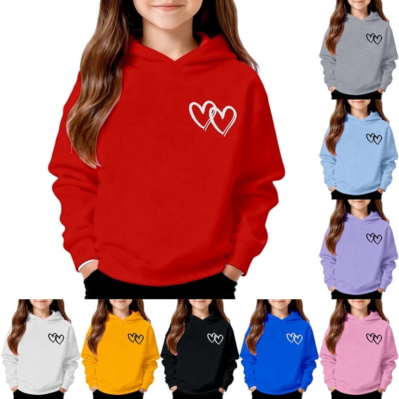 Girls Double Heart Print Hoodies Long Sleeve Hooded With Pocket Sweatshirts Kids Yellow 8 Y-9 Y