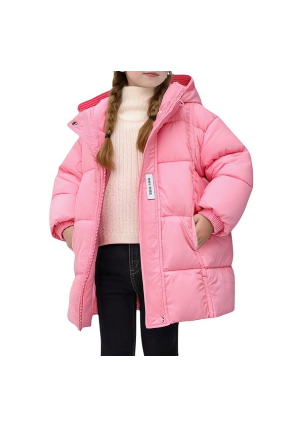 Girls Down Winter Coat Long Warm Windproof Hooded Outdoor Jacket Casual Leisure Fashion Children's Insulated 5-6 Years Pink