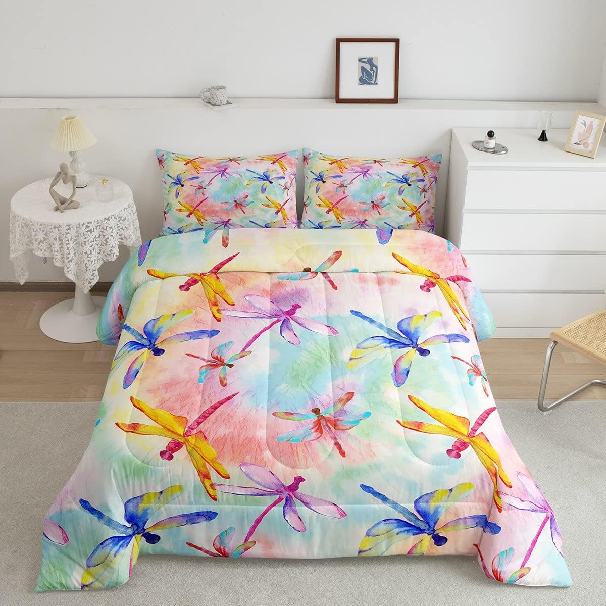 Girls Dragonfly Comforter Set Full Size Psychedelic Bedding Set, Tie