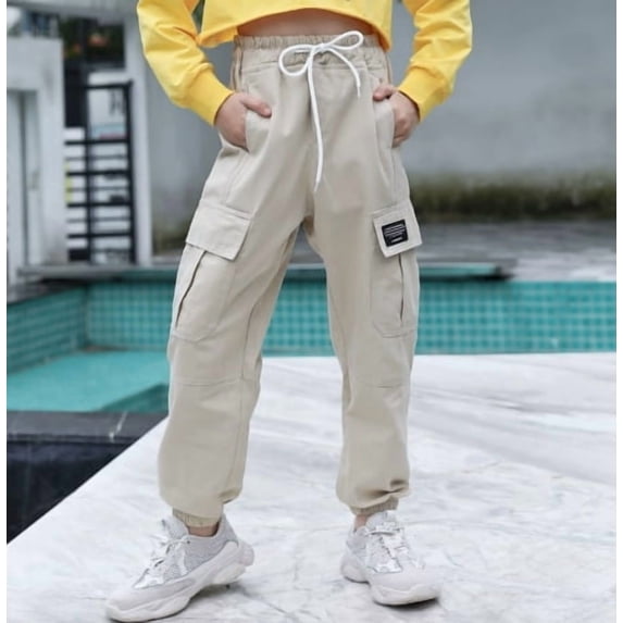 Girls' Drawstring Cargo Jogger Pants Multiple Pockets Elastic Cuff Casual Pants for 3-12 Years Old