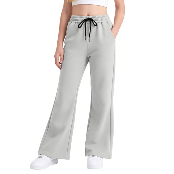 Girls Drawstring Elastic Waist Wide Leg Sweatpants, Solid Color Soft Stretch Kids Bell Bottom Jogger Trousers for Spring Autumn Daily Casual School Wear(Light Gray,5-6 Years)