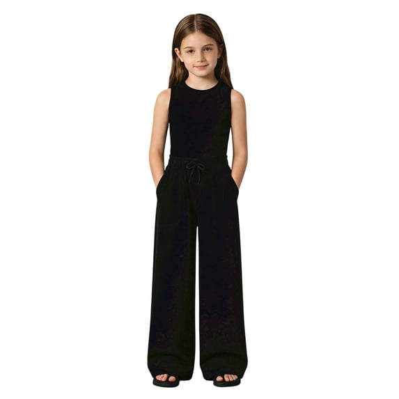 Girls Drawstring Wide Leg Pants Elastic Waist Loose Fit Lounge Trousers Solid Color Casual Bottoms 5-13 Years