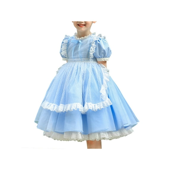 Girls Dress 2 Piece Blue Prairie Colonial Maid Lace Apron Alice Vintage 8 Years
