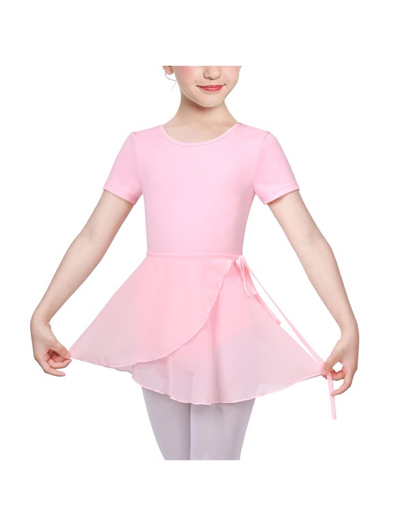 Girls Dress 2 Piece Set Pink Wrap Style Ballet Basic Leotard Short Sleeve 9-10 Years