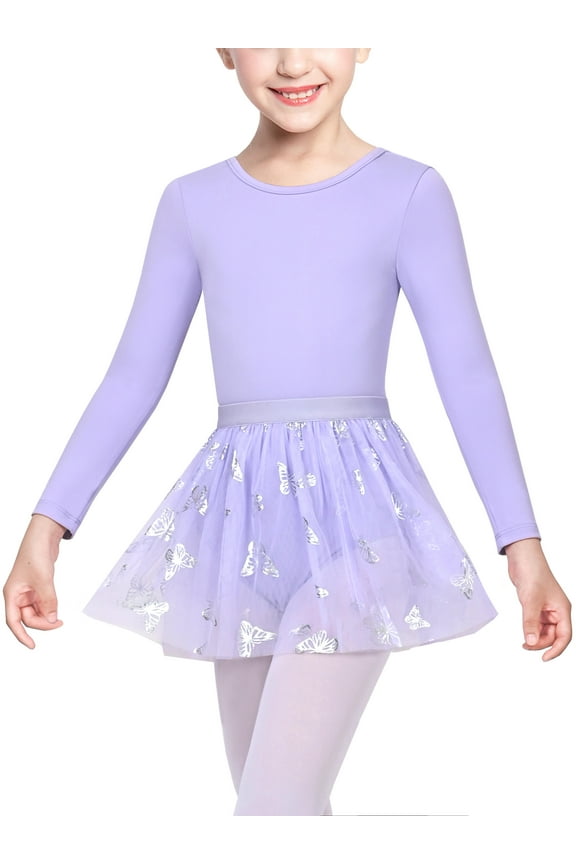 Girls Dress 2 Piece Set Purple Ballet Leotard Butterfly Tulle Long Sleeve 9-10 Years