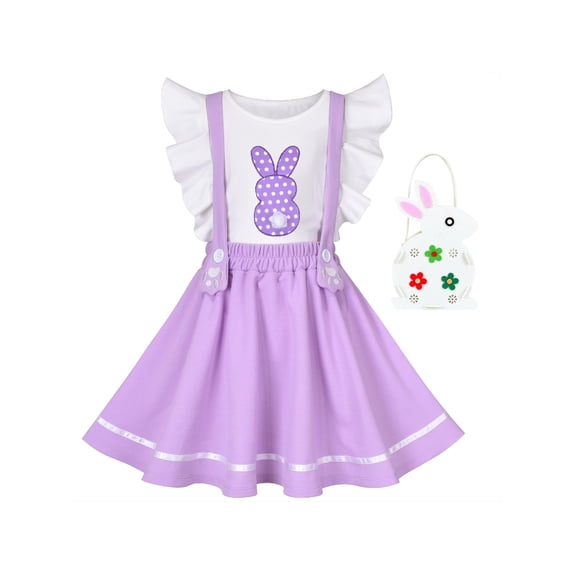Girls Dress 3 Piece Egg Hunting Bag Easter Rabbit Applique 4-5 Years