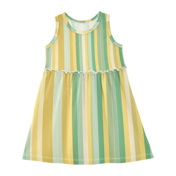 Girls Dress Abstract White and Yellow Stripes Sleeveless Dress for Girls Hem A-Line Casual Sundress