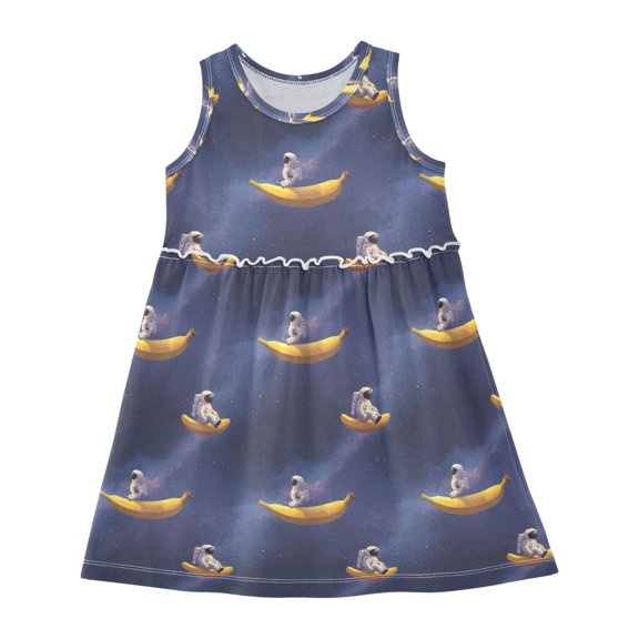 Girls Dress Astronaut Banana Sleeveless Dress for Girls Hem A-Line Casual Sundress