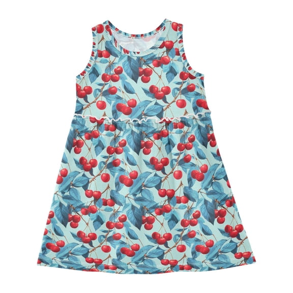 Girls Dress Azure Leaves and Cherries Sleeveless Dress for Girls Hem A-Line Casual Sundress