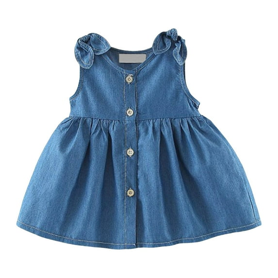 Girls Dress Baby Summer Casual Sleeveless Solid Buttons Holiday Beach Denim Dress Girls Dresses Blue 12-18 Months